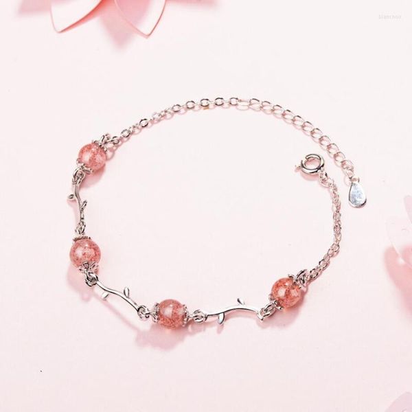 Braccialetti di collegamento Suola Memoria Dolce Fragola Cristallo Rami Foglie Argento Temperamento Colore Letterario Femminile Ridimensionabile SBR112