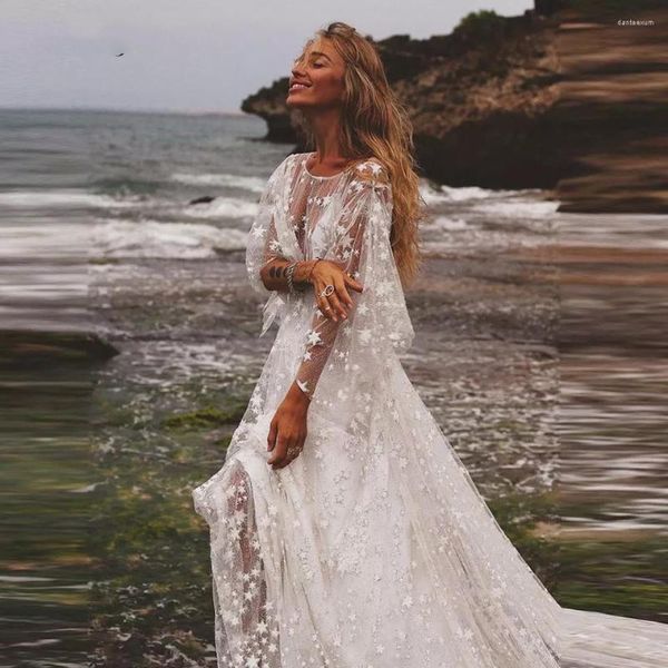 Свадебное платье Sparkling Glitter Stars Beach Boho кружевные бусины с длинными рукавами романтические богемные свадебные платья сказочная рубашка