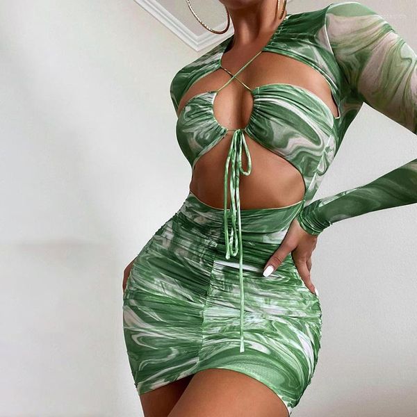 Casual Dresses Zoctuo Green Tie Dye Print Bodycon Kleid Frauen Langarm Lace Up Cut Out Geraffte Mini Streetwear Y2k Party Club Vestido