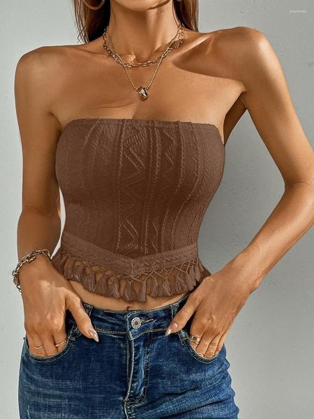 Canotte da donna Donna senza spalline in maglia con frange Reggiseno Bandana Top Y2k Torsione sexy Ritaglio frontale Nappa Trim Crop Camicia Estate Uscire Tubo per