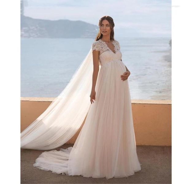 Abito da sposa Abiti eleganti taglie forti Scollo a V maniche corte in pizzo e tulle Impero buco della serratura sul retro Abiti da sposa da spiaggia Donne incinte 2022