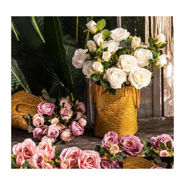 Flores decorativas grinaldas longas haste ramo de rosa artificial para decora￧￣o grande e brotos decora￧￣o de casamento falsa decora￧￣o de casamento branco otsre