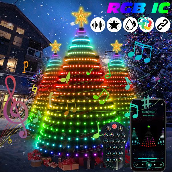 Tiras de led RGB inteligentes Luzes de árvore de Natal IC Multicolor Cordas de estrelas de fada Cachoeira APP Bluetooth Quintal Feriado Programado DIY