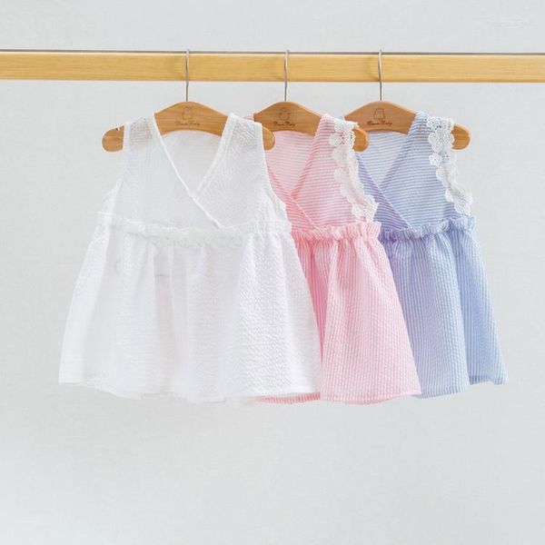Mädchen Kleider Baumwolle V-ausschnitt Spitze Ärmellose Sommer Baby Fancy Kleider 2022 Kleid Kleinkind Kinder Rüschen Party Kleid