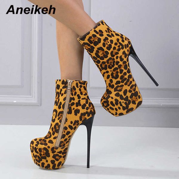 Kleidschuhe Stiefel Aneikeh 2023 Sexy Leopardenmuster Super High Heel Frauen Party Mode Runde Zehe Plattform Damen Knöchelstiefel Reißverschluss Größe 35-40 221213