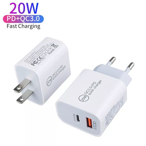 20W USB C Type Adapter Quick Phone Chargers для iPhone 14 13 12 11 Samsung S23 Xiaomi Google USB-C Universal US EU AU AU Plug Wall Charger PD Fast Charge Power Mobile A QC 3.0