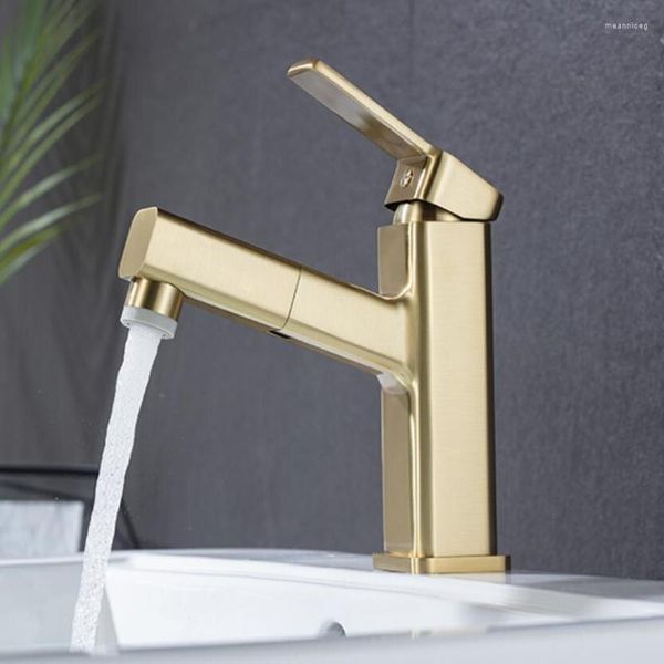 Rubinetti per lavandino del bagno Rubinetto Soffione doccia Oro spazzolato Lavabo estraibile Freddo e rubinetto Maniglia singola Montaggio su piano Nero