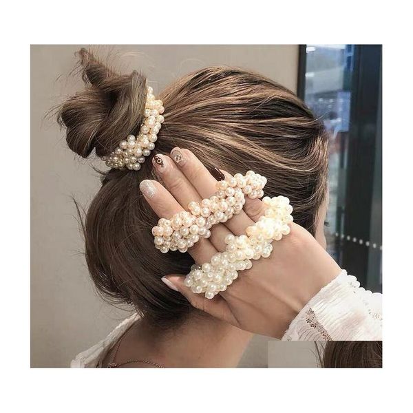 Bandos de borracha de cabelo Mulher elegante pérola laços de miçangas de garotas Scrunchies Solders de rabo de cavalo acessórios elásticos macios e elásticos grow drop d otoli