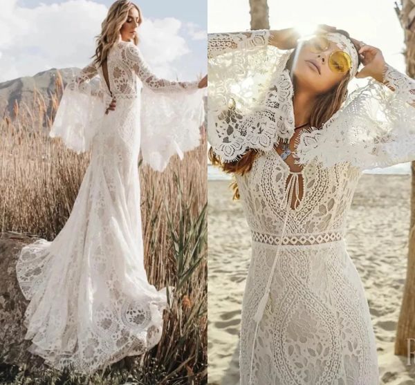 Romantik Tam Dantel Boho Gelinlik Seksi V Boyun Uzun Çan Kollu Arka Kesim Bohem Ülke Gelin Gowns Robe De