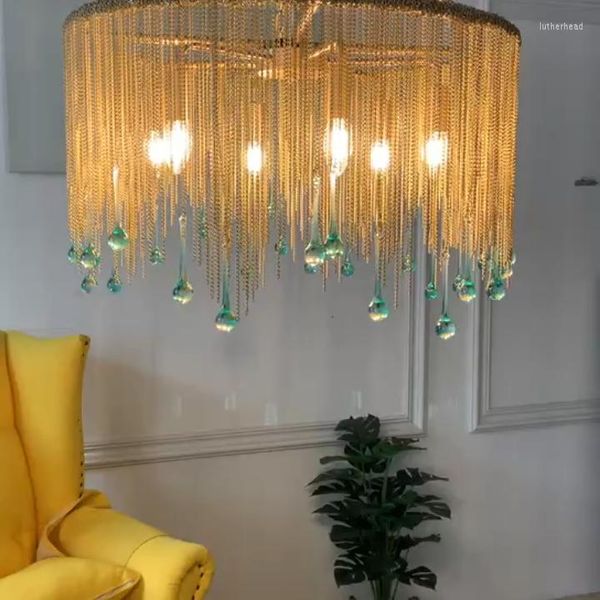 Lâmpadas pendentes de lustre de quarto simples lustre de vidro azul lâmpada de sala de estar pós-moderna borla de jantar