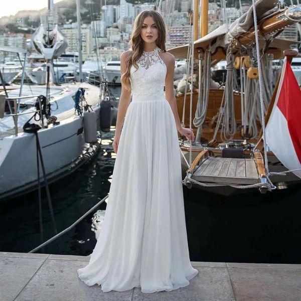 Abito da sposa Abiti eleganti in chiffon Applique da spiaggia Abito da sposa in pizzo Scollo all'americana Abiti da festa principessa Boho Con lacci Taglie forti Personalizza