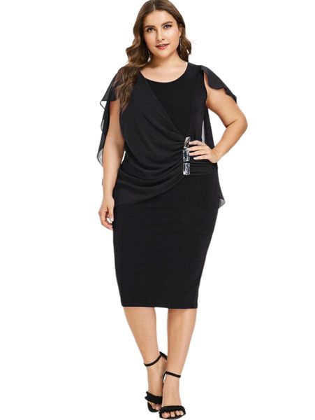 Frauen Chiffon Plus Size Kleider Rüschen schmeichelnde Cape Sleeve Bodycon Party Pencil Midi Kleid xl-5xl