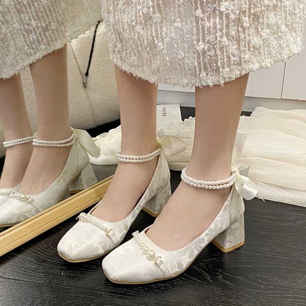 Scarpe eleganti Rimocy Square Toe String Tilling Pompes Women Elegant Spesse Feed Wedding Woman Pearl Ankle Teli alti Ladies 221213