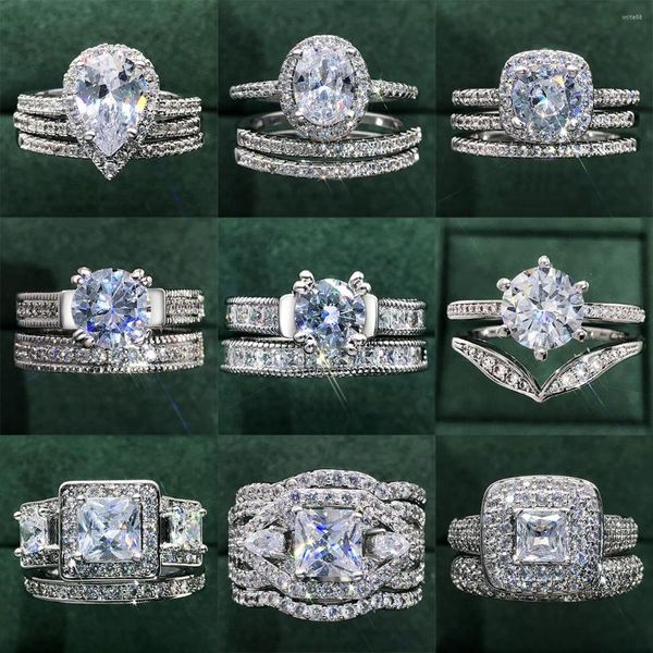 Cluster Ringe Kristall Versprechen Ring Set für Frauen Braut Silber Farbe Iced Out Zirkon Vorschlag Heirat Hochzeit Verlobung Trend Schmuck