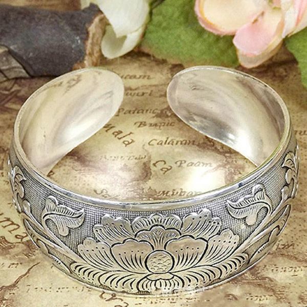 Armreif Tibet Silber Farbe Blume für Frauen Schöne Pfingstrose Armband Manschette Handschmuck