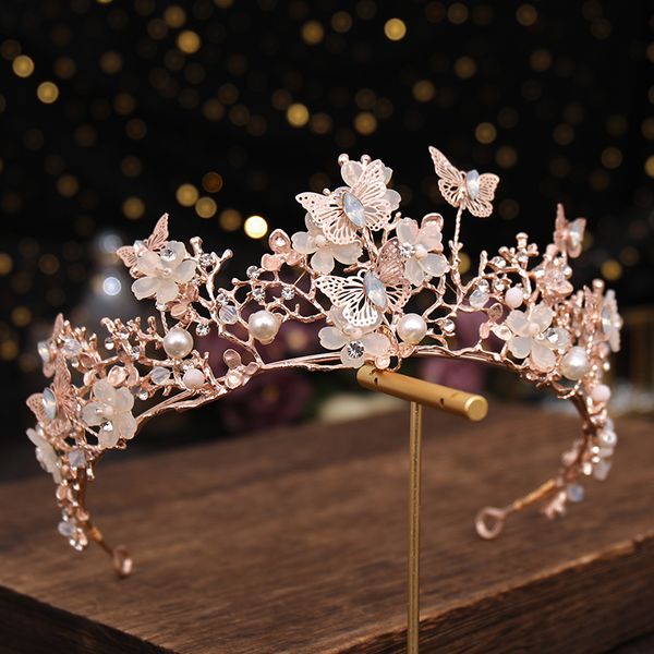 Coroa de noiva coroa barroca pérola coroa de shinestone e tiara borboleta banda de cabelo acessórios de cabelo princesa coroa noiva tiaras