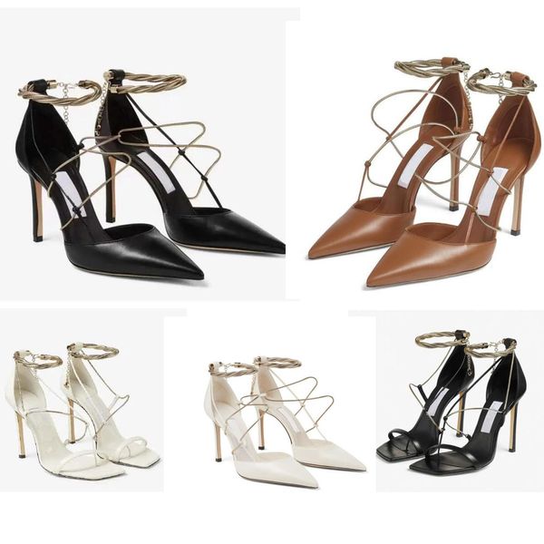 Berühmte Marke Damen-Sandalen, Schaffell, dünne Schnürung, Knöchelriemen, spitzer hoher Absatz, elegante Mode, Braut, Hochzeitskleid, Gladiator-Sandalen