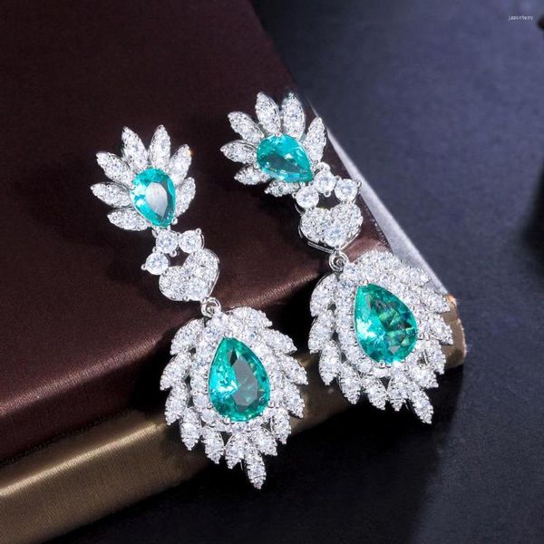 Brincos de balanço três gracas elegantes verdes verdes cúbicos zirconia cor prata longa gota de água para mulheres jóias de baile de casamento ER933