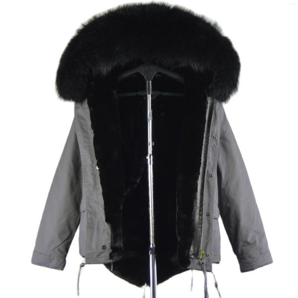 Moda de moda de pele feminina Parka cinza com forro preto e colar de gola casaco de inverno homens estão disponíveis