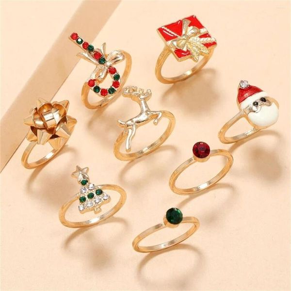 Cluster Rings Trendy Christmas Ring Dot Tree Gift Stick Babbo Natale Bow And Elk Set da 8 pezzi Anillos Mujer Anillo