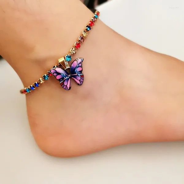 Tornozeleiras moda borboleta corrente de cristal na faixa de tornozelo de praia charme feminino feminino de jóias de tornozelo de tornozelo para meninas