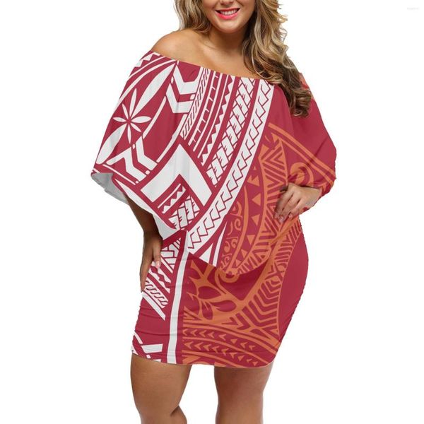 Vestidos casuais samoa rosa verão TRIBES TRIBES ROUSO TATOOS PRIMENTE Mulheres elegantes vestem mangas de mortes de ombro de nádegas saia