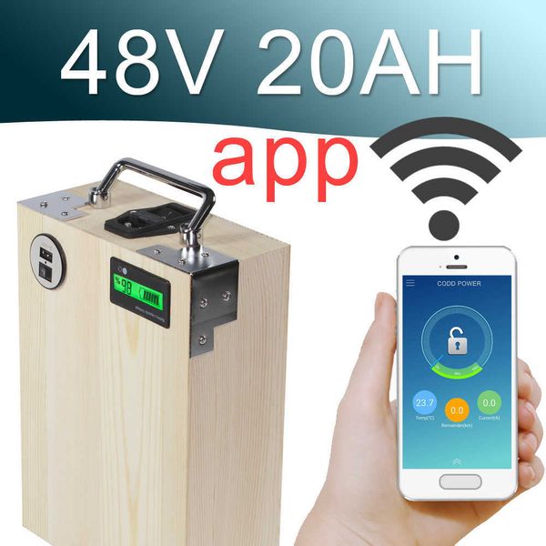 48V 20AH App Lithium Ion Electric Bike Battery Phone Control USB 2.0 Porto de bicicleta elétrica Scooter Ebike Power 1000W Wood