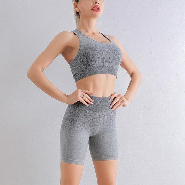 Tute da donna Set da yoga per donna Top senza maniche Reggiseno sportivo Canotta senza cuciture in 2 pezzi Pantaloncini da palestra sexy senza schienale Abbigliamento fitness Tute da allenamento