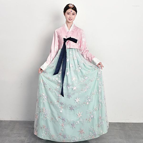 Vestido de gaze hanbok de alta ponta para adultos para adultos primavera no verão e outono Court tradicional coreano Dança étnica Desempenho de dança