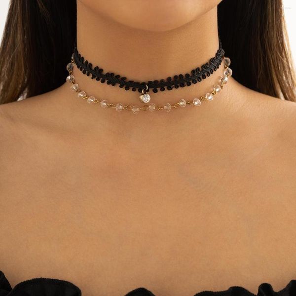 Anhänger Halsketten IngeSight.Z Sexy Black Lace Choker Doppelschichten Strass Halskette für Frauen Gothic Kristall Perlen Kragen Hochzeitsgeschenk
