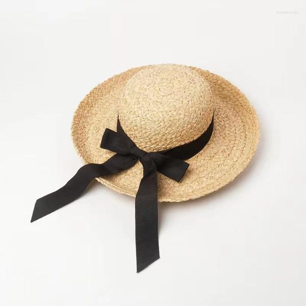 Chapéus largos e elegantes Raffia artesanal para mulheres Black Ribbon Dome Crimping Straw Hat Lady Summer Beach Férias Sun Cape