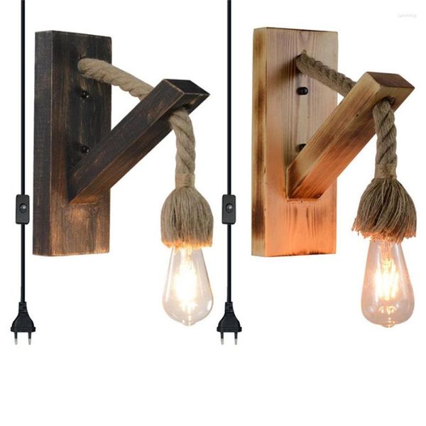 Wandleuchte Vintage Holzleuchte mit Schalterstecker E27 Loft Café Büro Flur Seil Keller Schlafzimmer Nachttisch LED Wandlampen