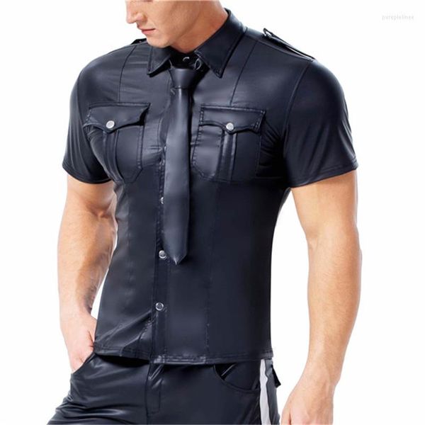 Camisas casuais masculinas mensagens falsas de couro curto de manga curta Button Up camise