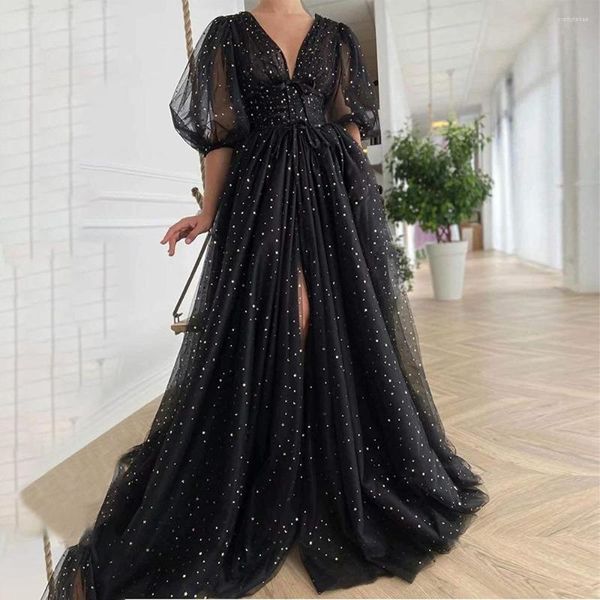 Abiti da festa Tulle stellato nero Prom Scollo a V scintillante Mezze maniche a sbuffo Abito da sposa increspato Abiti lunghi a trapezio con spacco