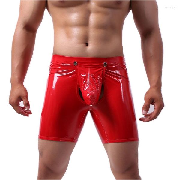 Unterhosen Sexy Wetlook Boxer für Männer Kunstleder Unterwäsche Kurze Hosen Glänzende Boxershorts Männer Abnehmbare Penistasche Trunks Clubwear