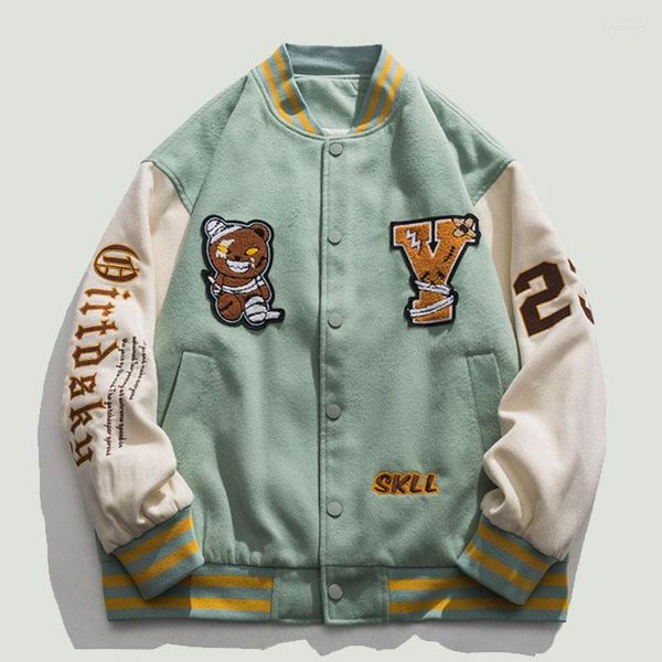 Giacche da uomo Vintage Baseball Mens Cartoon Bear Flocking Embroid Lettera Patchwork Cappotti Streetwear Casual Loose Varsity Jacket Unisex