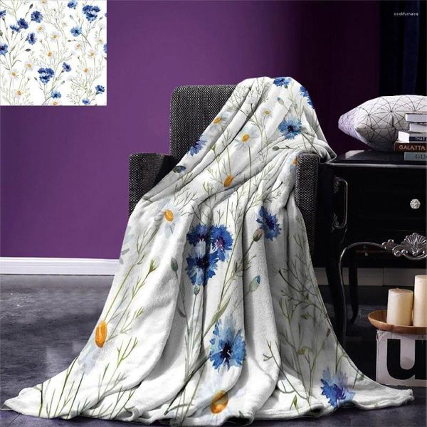 Coperte Coperta da tiro con fiori ad acquerello Fiori di campo e fiordalisi Margherite Boccioli di fiori Caldi per divano letto Blu