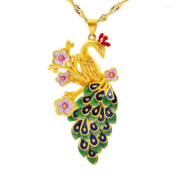 Anhänger Halsketten 24K Gold Halskette Bunte Emaille Pfau Cloisonne Lange Aussage Für Frauen Figaro Kette Schmuck