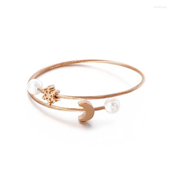 Armreif Mode Mond Schneeflocke Weiße Perle Frauen Farbe Rose Gold Edelstahl Draht Schöne Mädchen Braclelt Schmuck