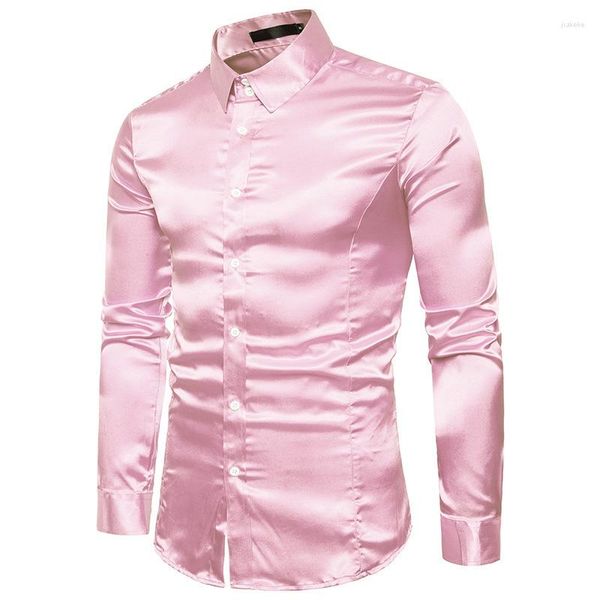 Мужские повседневные рубашки шелковые атласные роскошные роскошные рубашка розовые мужчины 2022 бренд стройный с длинным рукавом смокинг мужской свадебный клуб вечеринка танце