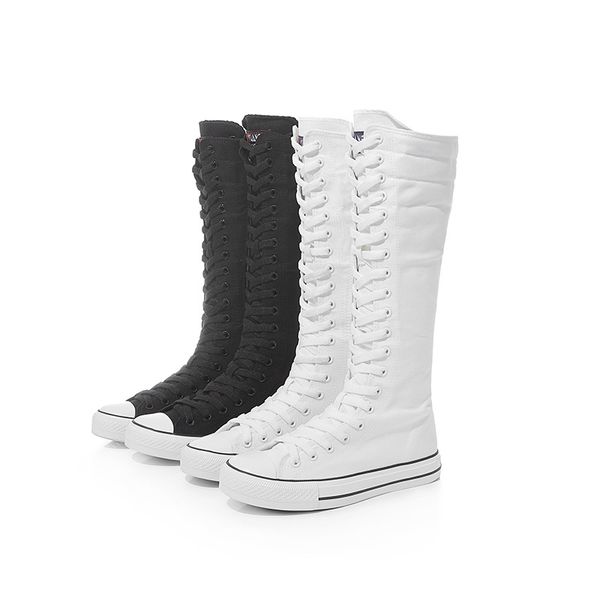 Botas hasta la rodilla de cuatro estaciones para mujer top Altura interior de moda Versátil en blanco y negro Zapatos planos con cordones altos