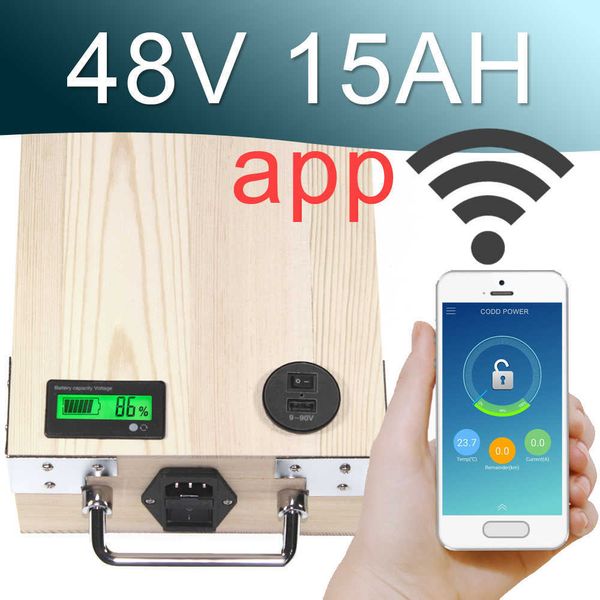 48V 15AH APP Lithium-Ionen-Elektrofahrrad-Akku Telefonsteuerung USB 2.0-Anschluss Elektrofahrrad Roller E-Bike Leistung 1000W Holz