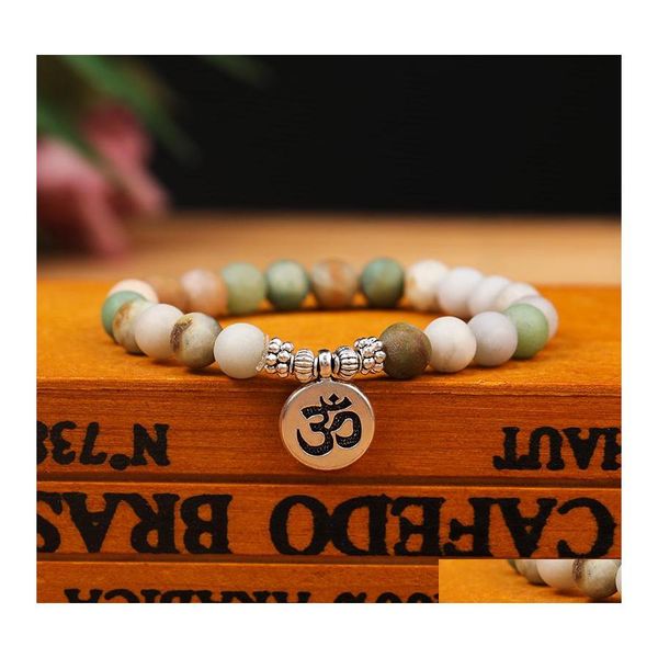 Fili di perline da 8 mm opachi opachi di pietra amazzonite bracciale yoga chakra mala om lotus donne uomini in perline braccialetti fatti a mano gioiello fatto a mano otp34