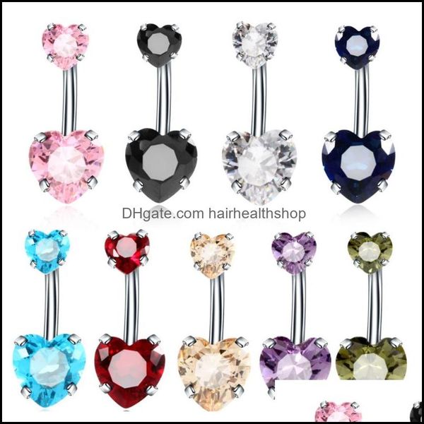 Body Arts 14G Anelli ombelico Acciaio inossidabile chirurgico Doppio cuore Cubic Zirconia Navel Barbell Stud Piercing Drop Delivery Heal Dheys