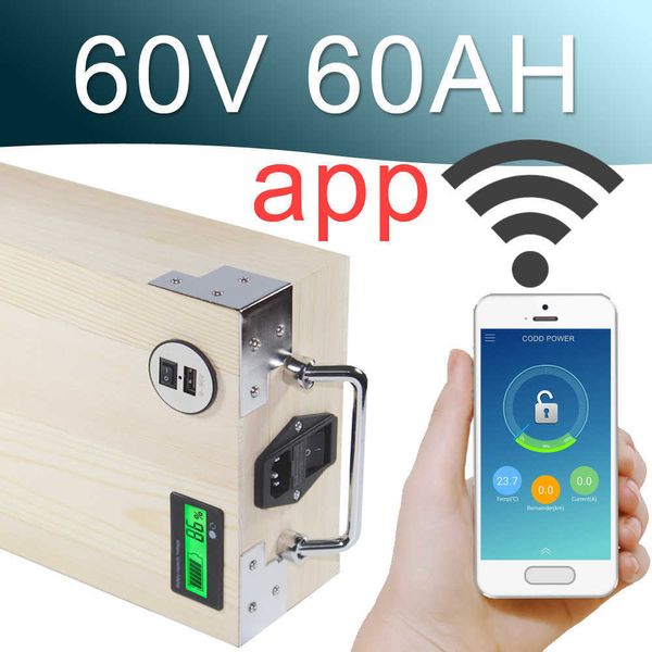 60V 60AH App Lithium Ion Electric Bike Battery Phone Control USB 2.0 Porto de bicicleta elétrica Scooter Ebike Power 3000W Wood