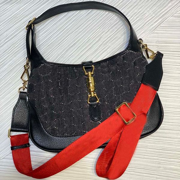 Embreagem mini saco de jeans preto crossbody saco de axila feminina bolsas de ombro de aba de tela genuína bolsa de couro hardware dourado hardware antigo removível 2 tiras