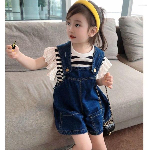 Kleidung Sets 2 Stück Denim Hosenträger Kleid Streifen Baumwolle T-shirt Rock Mädchen Sommer Hemden Hosenträger Outfits Kinder S