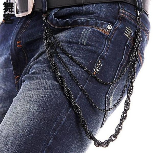 Schlüsselanhänger Herren Drei Linie Motorrad Schlüsselanhänger Denim Brieftasche Schwarz 3 Schichten Taille Punk Häkeln Hosen Hosen Gürtel Hip Hop Schmuck