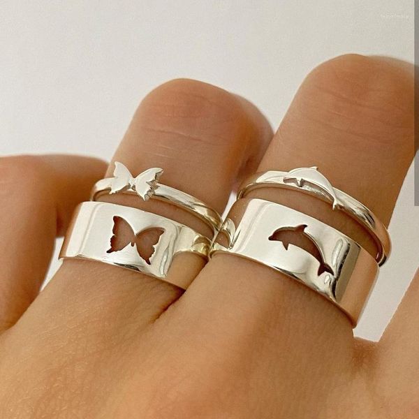 Cluster Ringe Trendy Gold Silber Farbe Delphin Schmetterling Für Frauen Männer Paar Einstellbare Öffnung Ring Set Freundschaft Geschenk Schmuck