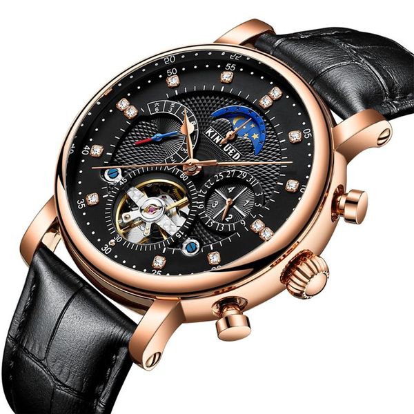 KINYUED brandneue Uhr Schweizer Automatik Mode Ledereinsatz Diamant Stern Herren ausgehöhlte mechanische Uhr324D